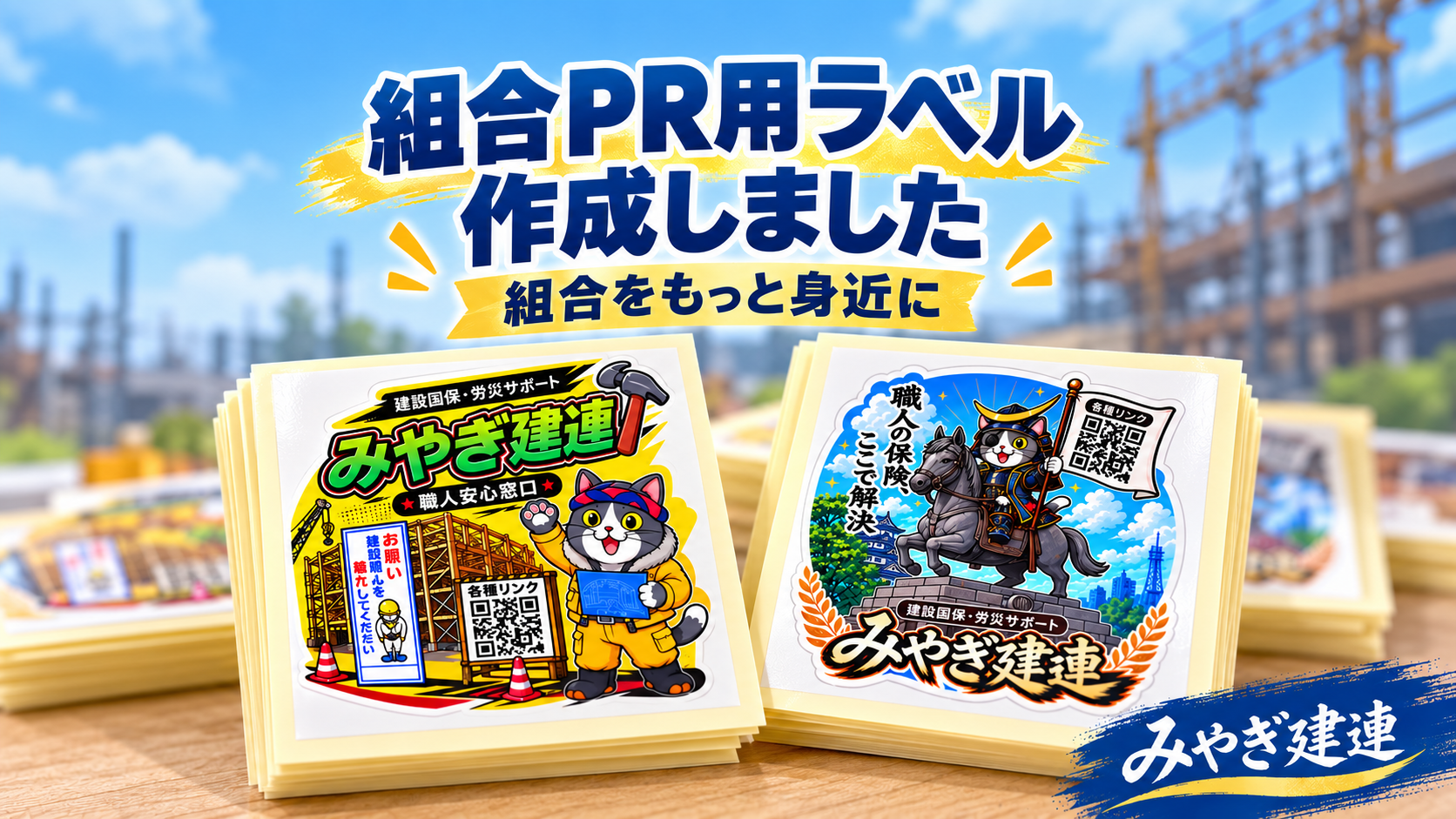 組合PR用ラベル作成のお知らせ。2種類のみやぎ建連ラベルと「組合をもっと身近に」のメッセージ